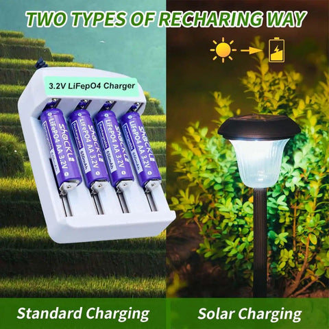 4 Pack AA 3.2V LiFePo4 650mAh solar rechargeable batteries for garden lights in charger and solar charging garden lamp