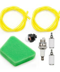 Two Size 2 Foot Fuel Line Hose Filter Kit With Primer Bulb And Spark Plug For Poulan Craftsman Chainsaw Replaces 530071835 530037793 530095646 188-513-1, showing yellow hoses, green air filter, primer bulb, spark plug.