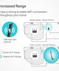 Diagram comparing regular adapter and AC600 Dual Band USB WiFi Adapter For PC With 5dBi Antenna showing increased range.