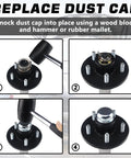 4 Pack 1.98 Inch Trailer Axle Dust Caps For 2000 To 3500 Lb Boat Trailers installation steps with hammer and hub close-up