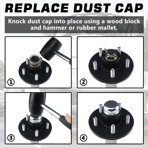 4 Pack 1.98 Inch Trailer Axle Dust Caps For 2000 To 3500 Lb Boat Trailers installation steps with hammer and hub close-up
