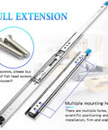 Soft Close Drawer Slides Heavy Duty Drawer Runners With 53mm Ball Bearing Locking Slides Full Extension Up To 120kg Load Multiple Sizes Pack Of 2 Built Tough For Easy Install And Secure Quiet Smooth Drawer Operation, showing two metal slides with full extension labeling and mounting holes, shown with screws in home environment