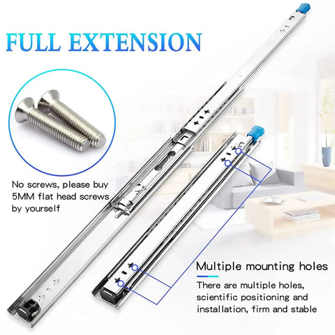 Soft Close Drawer Slides Heavy Duty Drawer Runners With 53mm Ball Bearing Locking Slides Full Extension Up To 120kg Load Multiple Sizes Pack Of 2 Built Tough For Easy Install And Secure Quiet Smooth Drawer Operation, showing two metal slides with full extension labeling and mounting holes, shown with screws in home environment