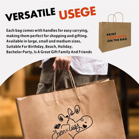 Person holding Go-To Custom Kraft Paper Bags With Handles, 100 Pack, 12.6 inches by 4.3 inches by 9.8 inches, dual sided printing.