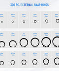 300 external snap rings in various sizes for the 12 Piece Snap Ring Pliers Set With 300 External Rings, Heavy Duty Internal And External Pliers.