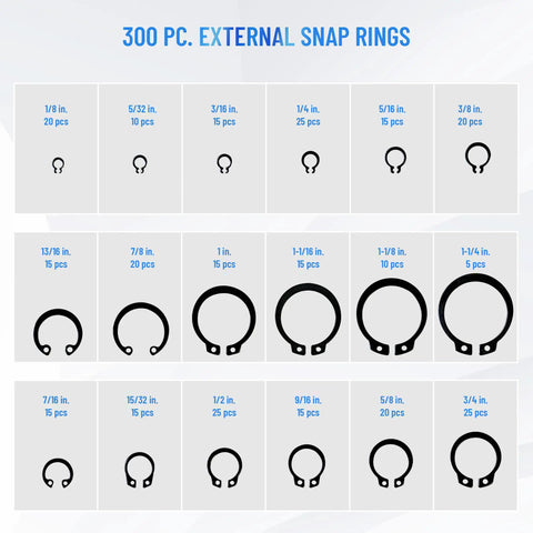 300 external snap rings in various sizes for the 12 Piece Snap Ring Pliers Set With 300 External Rings, Heavy Duty Internal And External Pliers.