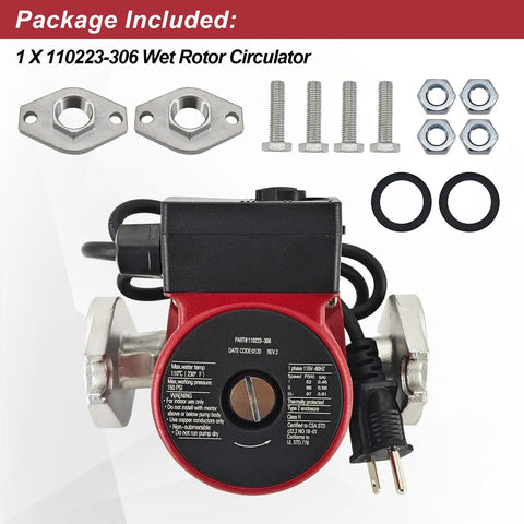 Direct Replacement 110223306 Wet Rotor Circulator Pump showing pump, fittings, screws, and washers for installation.