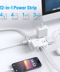 Ultra Thin Flat Plug Surge Protector Power Strip With 10ft Cord Eight Outlets Three USB A Ports And One USB C on desk