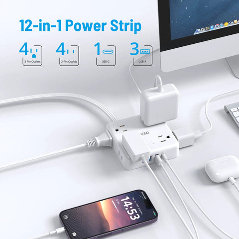 Ultra Thin Flat Plug Surge Protector Power Strip With 10ft Cord Eight Outlets Three USB A Ports And One USB C on desk