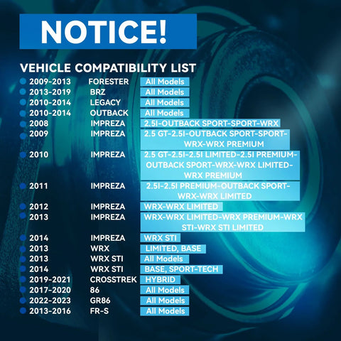 Vehicle compatibility list for Rear Wheel Bearing Hubs And Hub Assembly Replacement For Subaru Outback Forester Impreza Legacy WRX STI BRZ Crosstrek