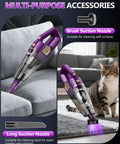 Cordless Handheld Vacuum With 15000Pa Suction, Rechargeable, Lightweight Design, shown with multi-purpose nozzles for pet hair and car cleanup.