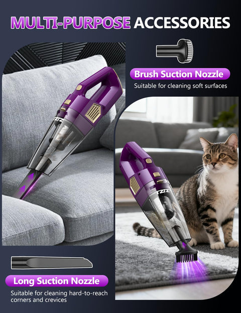 Cordless Handheld Vacuum With 15000Pa Suction, Rechargeable, Lightweight Design, shown with multi-purpose nozzles for pet hair and car cleanup.