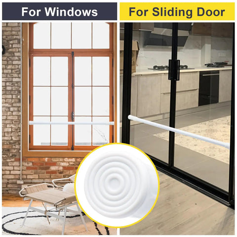 Adjustable Window Security Bar For Windows And Sliding Doors With Anti Slip Rubber Tips Rust Proof Finish And Easy Tension Rods From 15.7 To 27.5 Inches Kid Safe Home Security Lock No Brainer Setup installed on window and sliding door