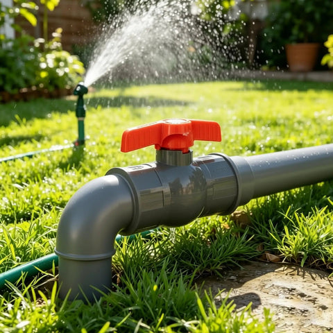 1/2 Inch SCH80 Pvc Ball Valve Socket To Socket Shut Off For Irrigation And Pool Plumbing in grass with quarter turn handle.