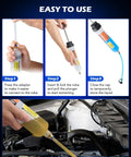 Orion Motor Tech 200mL manual fluid extractor and filler syringe shown in a three-step setup with car engine beneath.