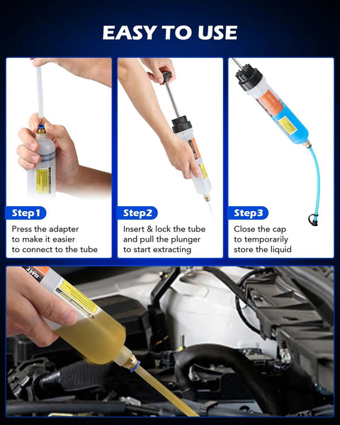 Orion Motor Tech 200mL manual fluid extractor and filler syringe shown in a three-step setup with car engine beneath.