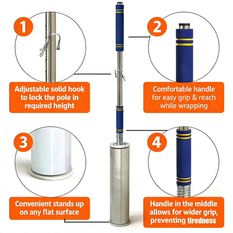 Heavy Duty Stretch Film Dispenser Pole Holder With 48 Inch Reach For Easy Pallet Wrapping, Fits 2 To 3 Inch Core Rolls And 12 To 24 Inch Lengths, Durable Steel Frame, Ergonomic Handle, Fast Fuss Free Warehouse Wrapping, adjustable hook and handle