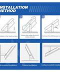 Installation method for JUDYSSY 50W 100W 150W Outdoor Led Floodlight showing fixed surface, angle adjustment, and connection steps.