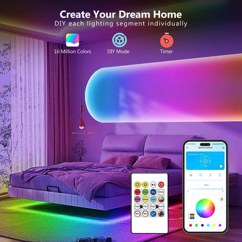 Bedroom with 25 Ft Bluetooth LED Strip Lights, RGB colors, app and remote control visible, creating vibrant ambiance.
