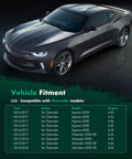 Grey Chevrolet Camaro parked with chart showing vehicle fitment for 2016-2018 Chevrolet models and corresponding engine sizes.