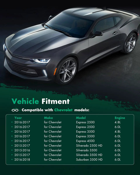 Grey Chevrolet Camaro parked with chart showing vehicle fitment for 2016-2018 Chevrolet models and corresponding engine sizes.