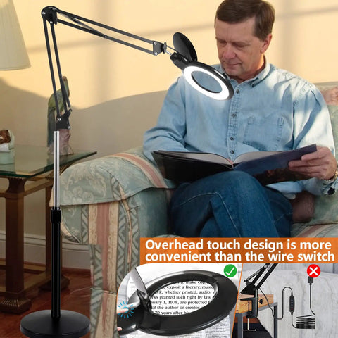 Man using 10X Floor Magnifying Glass With Light And Stand, Ultra Bright 2200 Lumens LED Magnifier next to a couch