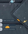 Close-up of Galaxy Space Nap Mat, gray with planet design, 100% cotton for toddlers, shows fabric details and features.
