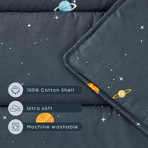 Close-up of Galaxy Space Nap Mat, gray with planet design, 100% cotton for toddlers, shows fabric details and features.