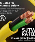 Close-up of 100 Ft Outdoor Extension Cord 14/3 SJTW with pure copper wires, 13 amp, yellow jacket, UL listed for ultimate safety
