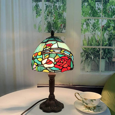 Rose Flower Tiffany Style Stained Glass Table Lamp With 8 Inch Wide Lampshade And 15 Inch Tall Red Finish, on table with teacup