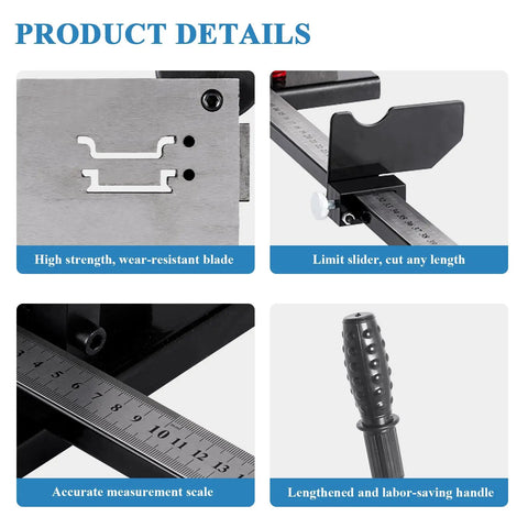 Manual DIN Rail Cutter with anti-slip handle and 50cm ruler, detailed views of cutting blade, measurement scale, and handle