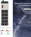 Image of Two Pack Heavy Duty Power Strip with eight outlets, 20 Amp surge protection, and indicator light, beside a lightning background.