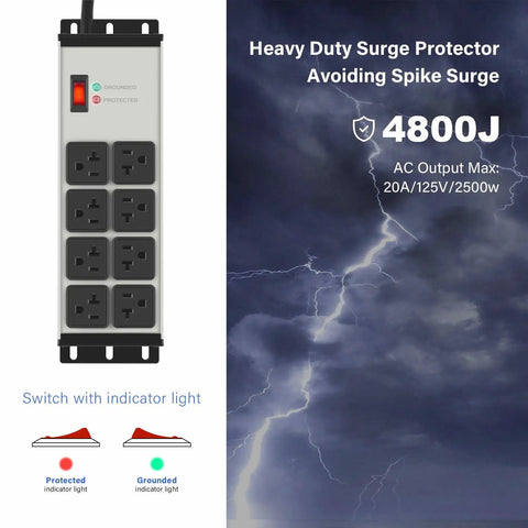 Image of Two Pack Heavy Duty Power Strip with eight outlets, 20 Amp surge protection, and indicator light, beside a lightning background.