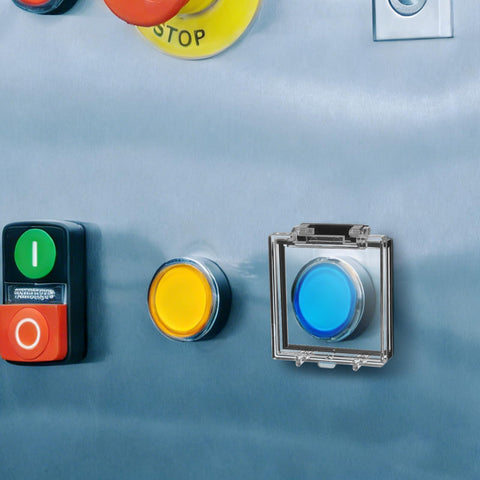 Power Button Guard 2 Pack Clear Plastic Push Safety Covers for Computer PC Dishwasher Washing Machine Elevator Universal Fit Prevent Accidental Presses Dustproof and Child Proof Protector, shown protecting a blue button.