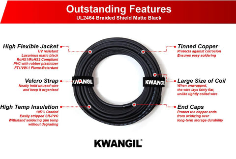 18 AWG 2 Conductor AMSB Shielded Cable Wire UL2464 coiled with labeled features of flexibility, velcro, insulation, and tinned copper ends