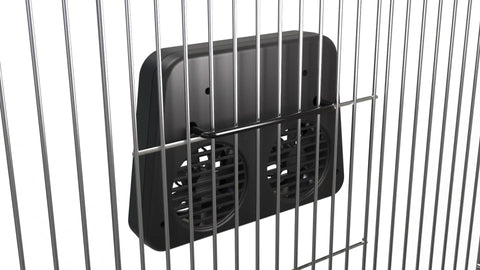Vortex Kennel And Crate Fan with dual speed operation and easy attachment on metal bars, providing quiet ventilation for pets