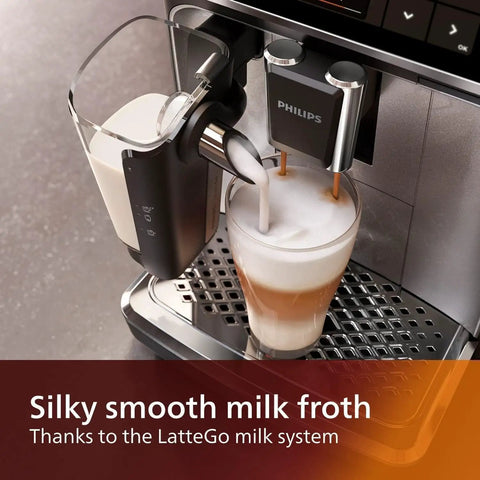 Top Tier Fully Automatic Espresso Machine Boasting A No Fuss LatteGo Milk Frother For Eight Rich Brews and a sleek matte black interface preparing milk froth.