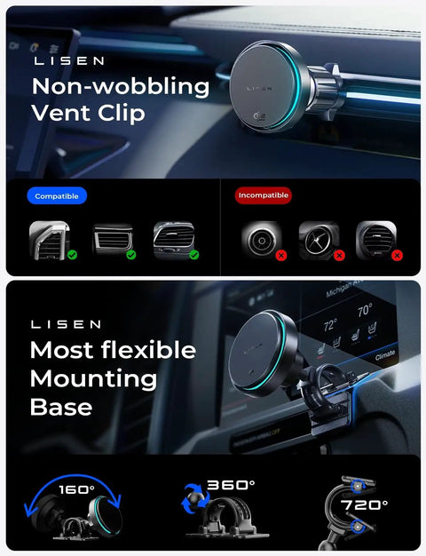 Qi2.2 25W MagSafe Car Mount Charger With Cooling Fan And 95W Fast Adapter on non-wobbling vent clip and flexible mounting base