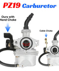 PZ19 19mm Carburetor Kit comparison with hand choke for Tao Tao ATVs and dirt bikes, showing two carburetor types.