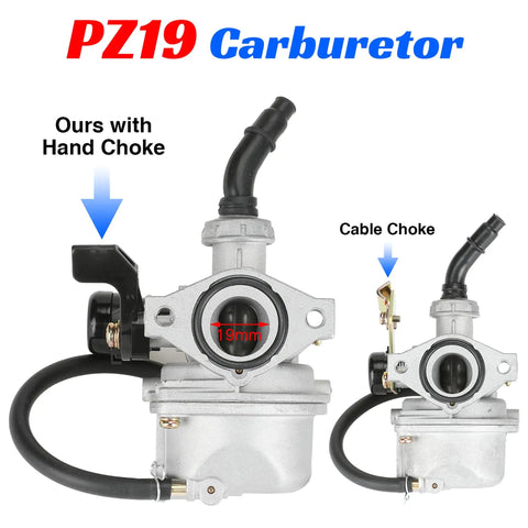 PZ19 19mm Carburetor Kit comparison with hand choke for Tao Tao ATVs and dirt bikes, showing two carburetor types.