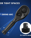 3 Piece Stubby Ratchet Set With One Quarter Inch Three Eighth Inch And One Half Inch Drives 72 Tooth Quick Release Reversible Black Finish CR MO Steel Non Slip Grip Includes EVA Case For Go-To Tight Space Automotive DIY Projects showing 5° swing arc and 72-tooth gear detail.