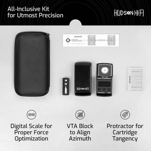 Turntable Cartridge Alignment Kit With Protractor Digital Scale Azimuth Ruler And VTF Gauge Block In Premium EVA Case For Precise Cartridge Setup Accurate Tracking And Rich Pure Sonic Vinyl Sound For The Vinyl Nerds.