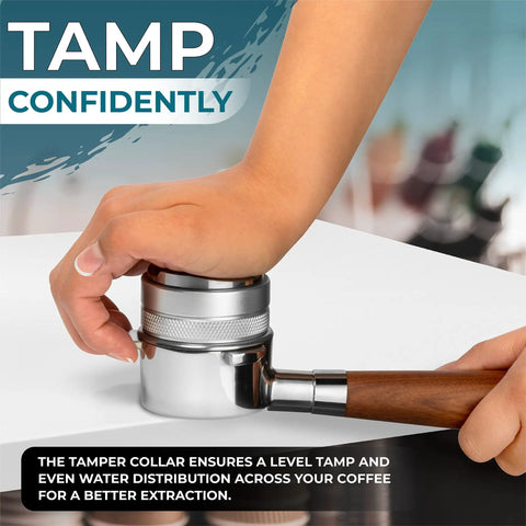 Hand pressing a 53mm Coffee Distributor and Tamper for 54mm Portafilters with Adjustable Depth and Dual Head Leveler on table.