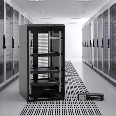 Smooth Eight Port Kvm Switch Rack Mount Kit with open shelves, designed for neat server control and PC monitoring.