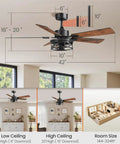 Diagram of Dope Farmhouse Style 42 Inch Ceiling Fan With Lights And Remote, shows dimensions and room size suitability, walnut and black finish.