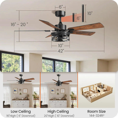 Diagram of Dope Farmhouse Style 42 Inch Ceiling Fan With Lights And Remote, shows dimensions and room size suitability, walnut and black finish.