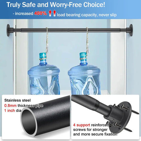 Industrial Style Wall Mounted Shower Rod Adjustable From 28 To 76 Inches Matte Black Finish For Bathroom Closet Room Divider And Patio Built Tough With Screw Mount For Stable No Slip Support, shown with water jugs for strength demonstration.