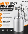 WOLTER W-77 spray gun shown with stainless finish, designed for professional use with smooth coating on water based paint.
