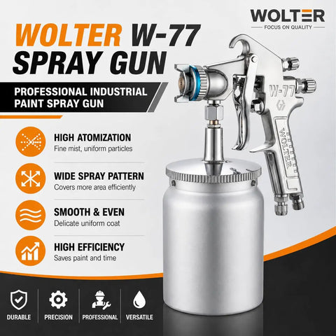 WOLTER W-77 spray gun shown with stainless finish, designed for professional use with smooth coating on water based paint.