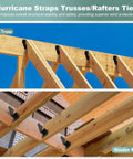 30 Pack Heavy Duty Hurricane Ties Black Powder Coated for Wood Sheds Roofs and Framing, installed on wooden rafters and trusses